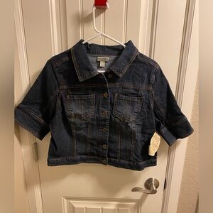 NWT One World Jean Jacket L Crop Half Sleeve Stretch Blue Denim Large Lg Jeans